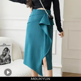 skirt MOUKYUN Elegant Aline Long Skirt Women High Waist Elegant Fashion Office Lady Solid Jupe Skirts Femininas Party Skirts