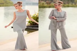 Abito in chiffon grigio argento gioiello irregolare ampio pantalone per la madre della sposa con giacca a maniche lunghe taglie forti su misura EN72768513169