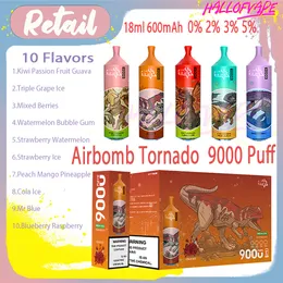 Retail Airbomb Tornado 9000 Puff E Cigarettes 18ml Mesh Coil 600mAh Rechargeable Bettery 10 Flavors 0% 2% 3% 5% Level 9K Disposable Vape