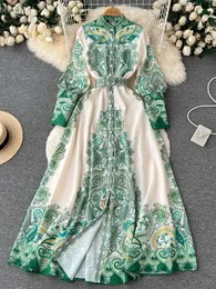 Fashion Runway Green Pink Maxi Dress Women Clothing Long Lantern Sleeve Single Breasted Floral Print Belted Party Vestidos 240221