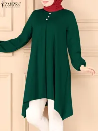 Toppar zanzea isiamic hijab blus muslimska mode kvinnors toppar eid ramadan abaya kalkon kaftan långärmad o nackknappar skjorta robe