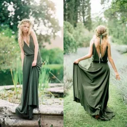 Bohemian w stylu wiejska druhna wiosna nowa spaghetti Low Cut Back Olive Green Green Chifon Maid of Honor Suknie ślubne