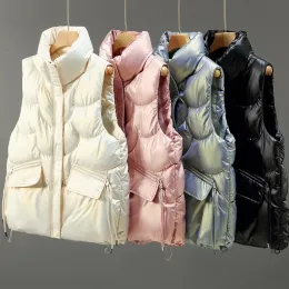 Katlar Bayan Kolsuz Sıcak Puffer Yelek Dış Giyim Stand Yaka Fermuar Yukarı Parlak Katı Yastıklı Gilet Weistcoat Cep D10 22 Drops