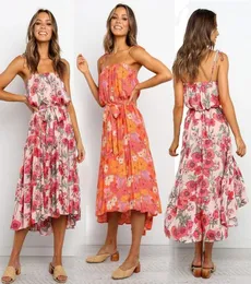 Kvinnor boho sling klänning 5 färger lady maxi lösa sundress blommiga tryck klänningar kvinnor avslappnad rygglös rufle asymmetrisk klänning sx5018368