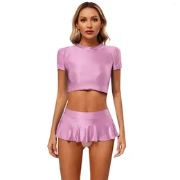 Bras Sets Womens Glossy Short Sleeve Round Neck Crop Top Exotic Tanks With Low Rise Ruffled Miniskirt Sexy Lingerie Suit Swim Beach Wear