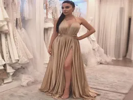 Szampana seksowna dzielona boczna sukienki na studniówkę prosta długość podłogi kantarowej eleganckie wieczorne sukienki formalne 2020 African Prom Party Solens2174697
