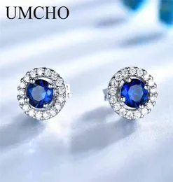 UMCHO REAL 925 Sterling Silver Jewelry Round Rich Color Nano Sapphire Studörhängen Gemstone Luxury Bride Gift for Women 2106168218916