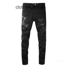 Denim Amirs Jeans Designer Calças Homem Queda 8560 Moda Am Bordado Cobra Grande Buraco Preto Angustiado Slim Fit Mens VO2I