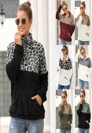 10 ألوان Sherpa Women Leopard Patchwork Pullovers Winter Long Sweedshirt Zipper Soft Fleece Sweater Outwear Coat with Pock7862894