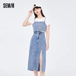 Dresses Semir Denim Suit Women Short Suspender Top High Split Skirt 2023 Summer New Twopiece Set Sweet and Cool