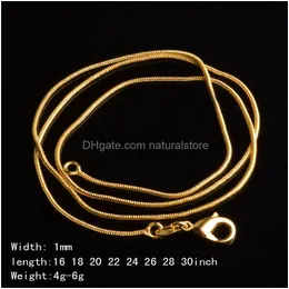 Catene 1mm Catene di serpente placcate oro 18 carati 16-30 pollici Collana con chiusura a moschettone liscia dorata per le donne Gioielli di moda da donna in Bk Drop De Dhgco