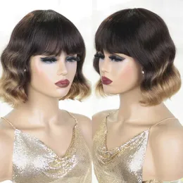 Perucas de cabelo curto pixie bob corte perucas de cabelo humano com franja corpo peruca sem cola destaque mel onda do corpo loira perucas coloridas para mulher 240306