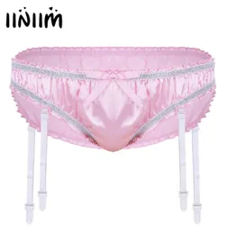 iiniim erkek iç çamaşırı parlak esnek saten fırfırlı astarlı sissy brifs jockstraps iç çamaşırı plastik jarter ile eşcinsel erkek külot3677560420