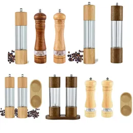 Antique Color Manual Wooden Pepper And Salt Grinder With Visible Window Adjustable Ceramic Core Kitchen Helper 240304