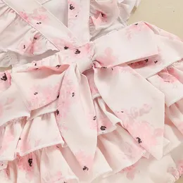 Mädchen Kleider Kleinkind Baby 2-teiliges Set ärmellos quadratischer Ausschnitt Rüschenbesatz Tank Top Strampler Kleid Blumendruck Stirnband Kleinkind Outfits