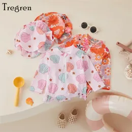 Swimwear Tregren 024M Infant Baby Girls Swimsuit Spring Summer Romper Swimwear Long Sleeve Floral/Shell Print Bathing Suit with Hat