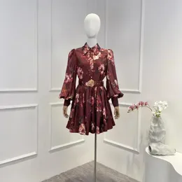 Vestidos casuais 2024 seda vintage de outono de alta qualidade de qualidade floral de manga longa Mini vestido Mini