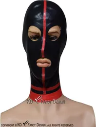 Capuz de látex sexy preto com listras vermelhas no meio máscara de borracha plus size 01998031854