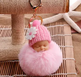 Kış sevimli kabarık pompom uyuyan bebek bebek anahtar zincirleri yumuşak sahte kürk topu kolye anahtar zincirli araba anahtarlık cep telefonu charm6182983