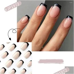 Falsche Nägel 24 stücke Nagelspitzen Gefälschte Nials DIY Maniküre Kurzes Quadrat Schwarzer Rand Französisch Drop Lieferung Gesundheit Schönheit Kunstsalon Dhdth