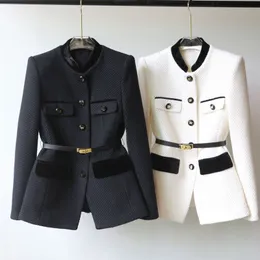 Women's stand collar slim waist with belt color block single breasted medium long coat woolen casacos SMLXLXXL