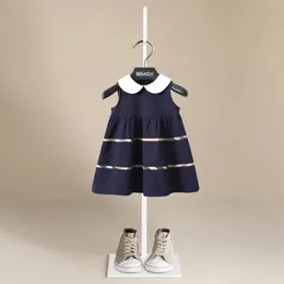 Summer Casual Fashion Turndown Collar Baby Girls Dresses Kids Sleeveless Plaid British Style A-line Princess Dresses for Girls 240306