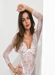 Laço branco casamento nupcial bodysuits sleepwear mangas compridas noivas com decote em v camisola de banho sexy mulheres ilusão roupas íntimas 2789717