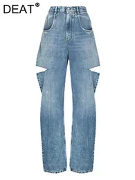 Kvinnors jeans deat mode kvinnor lös hög midja bred ben denim byxor ihåliga blå långa raka jeans vår 2024 NY L2901H J240306