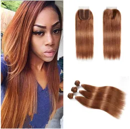 Cabelo virgem brasileiro cor 30 pacotes retos castanhos claros com fechamento de renda extensões de cabelo marrom 3 pacotes com fechamento 7224233