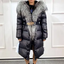 Casacos 2023 novo inverno grande real tira gola de pele de raposa sobre o joelho jaqueta puffer feminino com capuz com cinto 90% para baixo casaco à prova dwaterproof água parkas