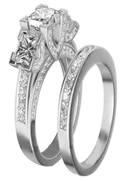 Märke ädelsten ringfinger smycken tre stenar vita topas diamantringar set 2in1 925 sterling silver engagemang vigselring f1191040