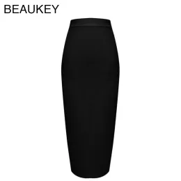 Vestidos beaukey nova moda meados de bezerro preto lápis saia hl bandagem outono inverno bodycon saia feminina estiramento divisão saia atacado xl