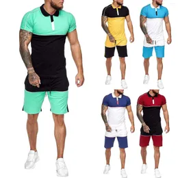 Homens Tracksuits Mens Verão Terno Dois Peça Homens Splice Set Casual Esportes Gelo Seda Slim Fit Manga Curta Camiseta