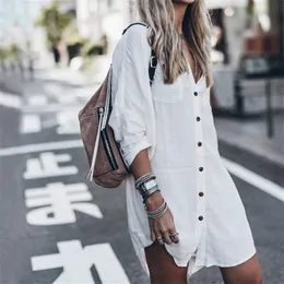 Summer Beach Cover-up Women Tops Swimsuit Cover Up Plus Size Long Sleeve White Cotton Shirt Dress Fashion Button Beachwear Tunic S228b