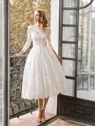 結婚式のための白いエレガントなドレスゲストレースベスティドスコクテルエレガントロングリーブバックレスミッドカーフブライドメイドドレス女性のためのドレス