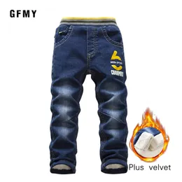 Gfmy marca lazer inverno mais veludo meninos jeans 3 anos 10 anos manter quente tipo reto calças infantis 240227