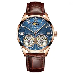 Wristwatches 2024 Men's Watch Double Flywheel Leather Fashion Automatic Waterproof Mechanical