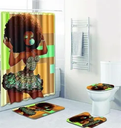 Conjuntos de banheiro tapete cortina de chuveiro mulher africana capa de assento do toalete banheiro antiderrapante tapete e cortina de chuveiro224s9950145