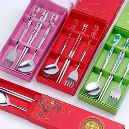 Gabeln, dreiteiliges Set aus bedrucktem Edelstahlgeschirr, chinesischem Löffel, Gabel, Essstäbchen, Geschenk