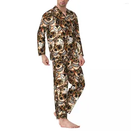Erkekler Papa Garip Steampunk Pijamalar Set soyut Kafatası Baskı Sevimli Erkekler Uzun Kollu Gevşek Uyku 2 Parçası Gece Giyeri Artı Boyut