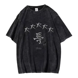 T-shirt Kpop Stray Kids New Album 5 Star Print Tshirt Washed Black Short Sleeve Fashion Casual Wear Lämplig för pojkar flickor