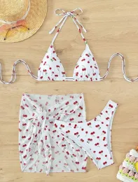 Set Women Frech chic cherry print bikini sets three pieces with mesh skirt swimsuit Swimwear bathing suit beach outfits biquini