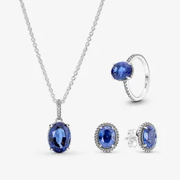 925 Sterling Silver Blue Sparkling Statement Halo Ring Necklace Earrings Jewelry Set For Engagement Wedding Lovers