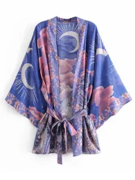 Sukienka 2023 Boho Vintage Star and Moon Floral Print Sashes Women Bohemian vneck Batwing Sleeve krótka szata Kimono sukienka plażowa