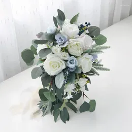 Flores de casamento azul branco cachoeira buquê de noiva dama de honra artificial flor falsa folha verde mariage festa festival decorações