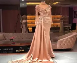 2022 Arabisch Aso Ebi Luxuriöse Perlen Meerjungfrau Formelle Abendkleider Lange Ärmel Stehkragen Schößchen Satin Abschlussball Party Pageant Kleid R2999488