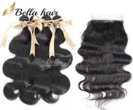 Bellahair Hint Bakire İnsan Saç Dokuma Vücut Dalga Topla Paket Saç Uzantıları ile Çifte Atkı 4 adet 1pc 4x4 Dantel Closu3487388