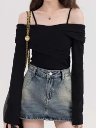 T-shirty seksowne na ramiona koszulka Kobiety Sprężyna sprężyna długi rękaw bez pleców backeless panie koreańskie moda ulzzang hotsweet szczupły y2k estetyczne koszulki estetyczne