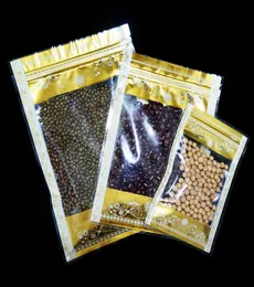 Candy Packing Bag 100st Transparent Ziplock Sacks Plastic Zip Påsar Återanvändbar Clear Zipper Pouch Gold Flower Printed Tea Bag Food ST7641348