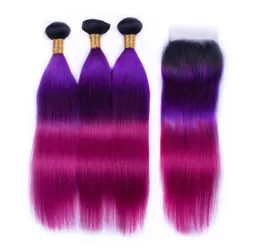 Ombre T 1BPurple Rose Red Straight Remy Human Hair Weaves With 4X4 Lace Closure8780350